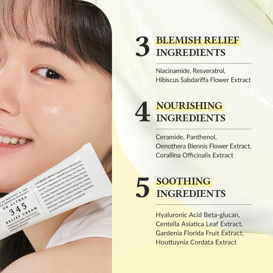 Or.Althea 345 Relief Cream, Daily Face Moisturizer, Blemish Relief Care, Soothing Recovery & Moisture, Korean Vegan Skin Care for All Skin Types, 1.69 Fl Oz (Pack of 1)