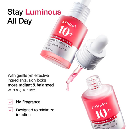 ANUAN Niacinamide 10 + TXA 4 Serum, Hyaluronic Acid, Tranexamic acid, Vitamin B12, Facial Serum for Glass Skin, Clarifying, Radiant Complexion with Natural Color, Korean Skin Care (30ml /1.01 fl.oz)