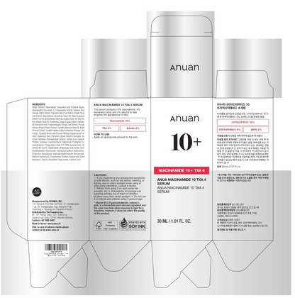 ANUAN Niacinamide 10 + TXA 4 Serum, Hyaluronic Acid, Tranexamic acid, Vitamin B12, Facial Serum for Glass Skin, Clarifying, Radiant Complexion with Natural Color, Korean Skin Care (30ml /1.01 fl.oz)